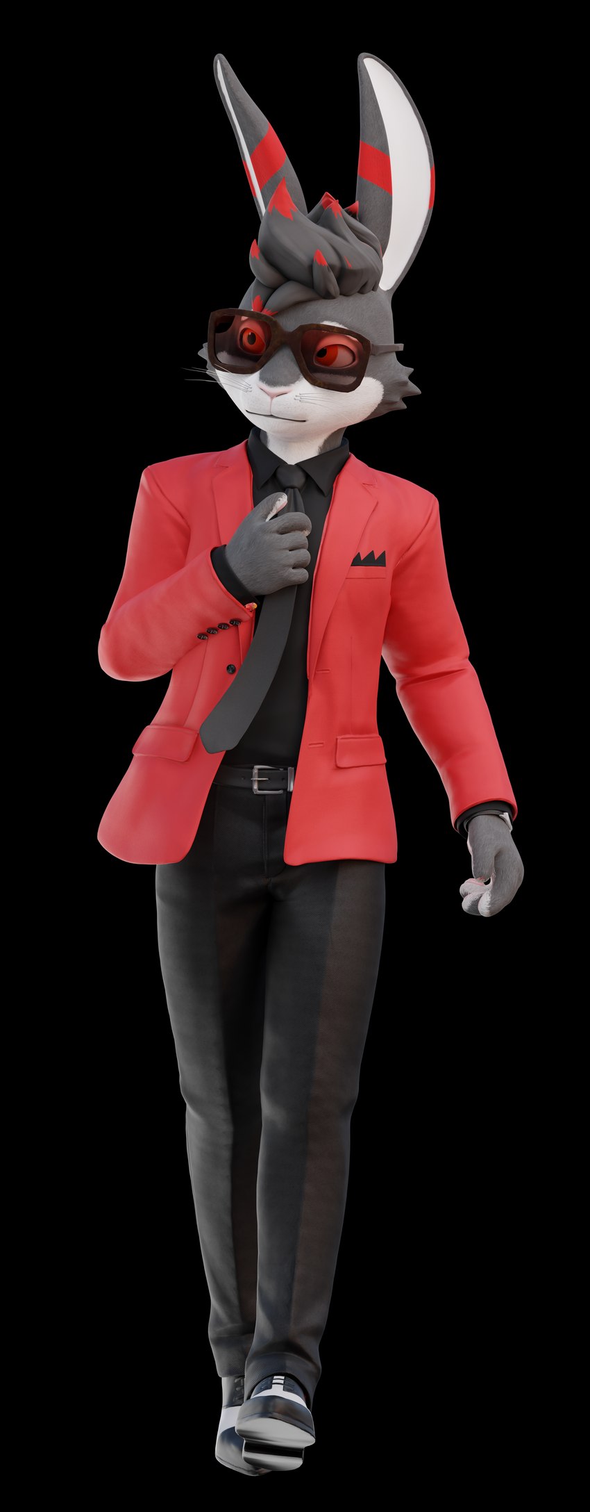 black_clothing clothing eyewear fauxhawk formal_wear fur grey_body grey_fur highlights_(coloring) looking_away male mohawk orange_eyes red_body red_clothing red_fur red_highlights solo suit sunglasses walking basedvulpine the_weeknd kaze_(thatbunnykaze) lagomorph leporid mammal rabbit 3d_(artwork) absurd_res alpha_channel digital_media_(artwork) hi_res huge_filesize