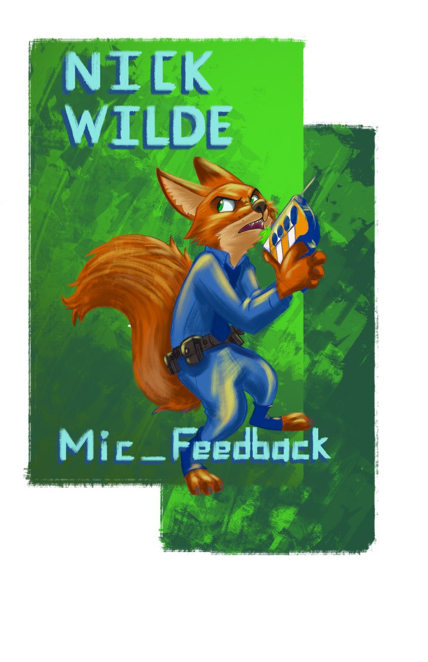 anthro armed belt countershading green_background green_eyes male simple_background solo text mattczu disney zoo_52 zootopia nick_wilde canid canine fox mammal red_fox true_fox absurd_res digital_media_(artwork) hi_res