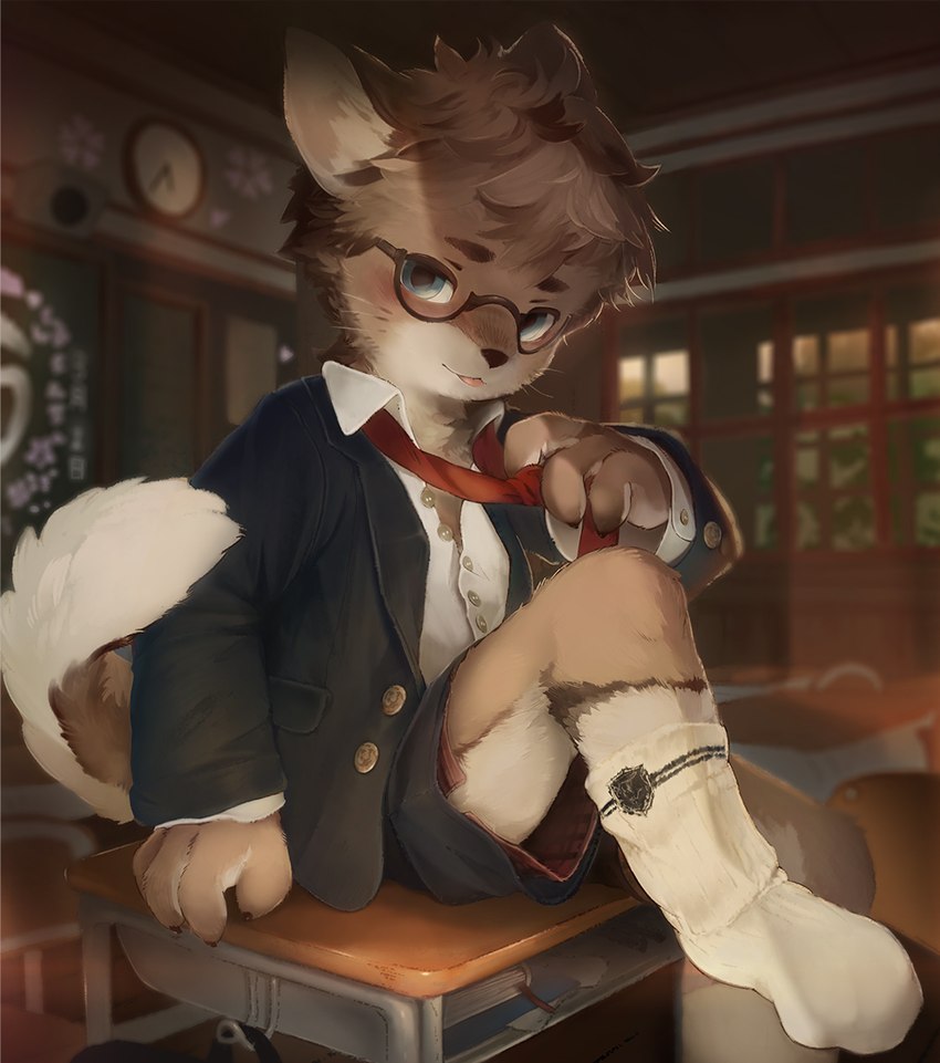 anthro black_nose blep brown_eyebrows classroom claws clock clothing clothing_pull dipstick_tail dress_shirt eyebrows finger_claws grey_eyes half-rim_glasses japanese_architecture leg_markings light_inner_ear looking_at_viewer male markings necktie necktie_pull pattern_clothing pattern_underwear plaid plaid_clothing plaid_underwear popped_collar school school_uniform shirt shoji sitting_on_desk socks_(marking) solo tail tail_markings tail_tuft tongue tongue_out topwear tuft unbuttoned_shirt underwear uniform upshorts wall_clock whiskers young young_anthro young_male totatetta domestic_cat felid feline felis mammal