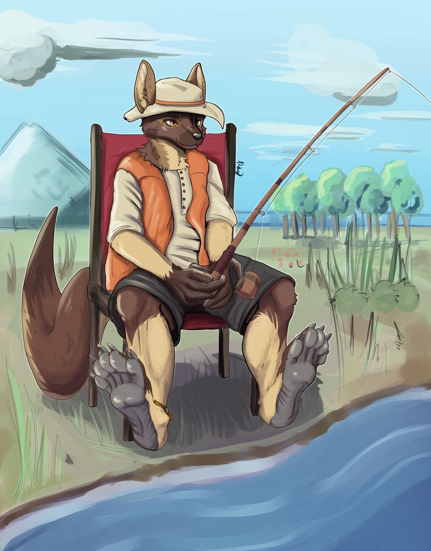 anthro bottomwear brown_body brown_fur brown_hair claws clothed clothing double_claw eye_scar facial_scar feet fishing fishing_rod fluffy foot_focus full_pad fur grey_pawpads grey_soles hair male orange_eyes padded_palms pawpads paws plantigrade scar shirt shorts t-shirt tail tan_body tan_fur topwear vest rdy zgf_art zgf_gaming ra'zim gulonine hybrid kangaroo macropod mammal marsupial marten mustelid musteline sable_(marten) 2024 absurd_res hi_res