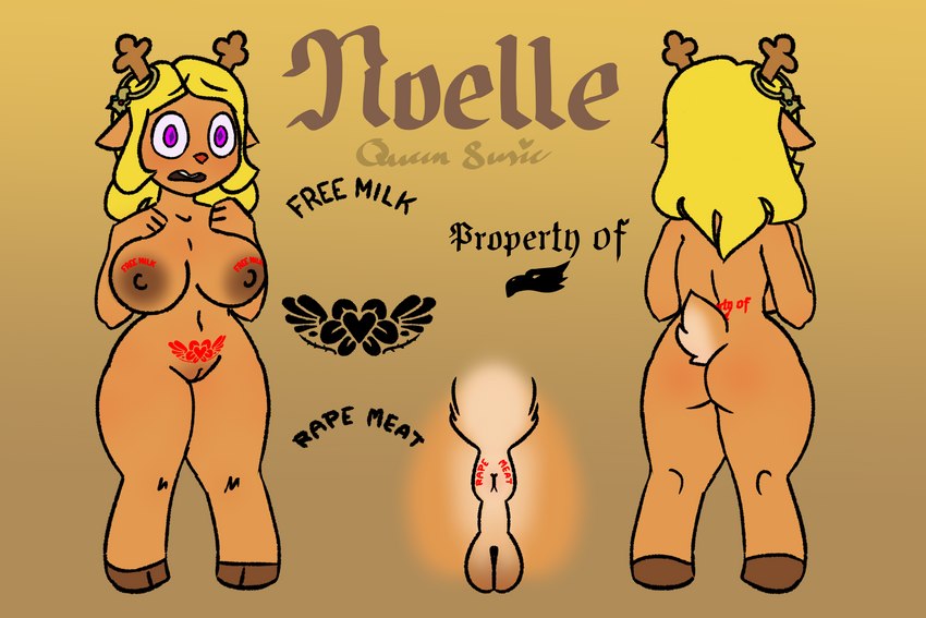 anthro antlers anus anus_tattoo areola back_tattoo bare_hips bare_shoulders bare_thighs big_areola big_breasts big_butt blonde_hair blush breasts brown_body brown_fur butt crotch_shot delta_rune_(emblem) ears_down female fur genitals hair heart_tattoo horn jewelry lex_charm long_hair multiple_angles navel nipple_tattoo nude pivoted_ears plant purple_eyes pussy rear_view short_tail simple_background solo standing symbol tail tattoo text thick_thighs vine_tattoo vines womb_tattoo queen_susie deltarune undertale undertale_(series) noelle_holiday deer mammal 3:2 absurd_res artist_name flat_colors full-length_portrait hi_res model_sheet portrait signature