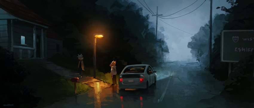 ambiguous_gender anthro bleak_ambiance bottomwear building car clothed clothing duo eye_contact fog footwear fully_clothed headlights hoodie house light looking_at_another mailbox moody night pants planted_sign road_sign sad shoes sign standing street street_lamp street_sign topwear utility_pole vehicle stevie_choo bovid canid canine caprine goat mammal 2022 7:3 digital_drawing_(artwork) digital_media_(artwork) hi_res