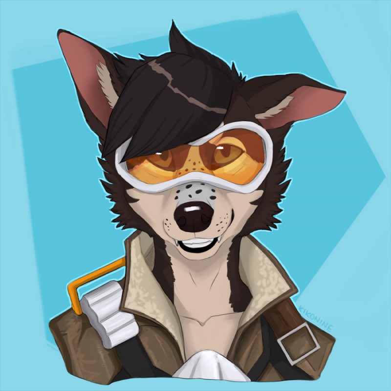 anthro black_lips black_nose cosplay ears_down eyewear fangs female goggles grin lips looking_at_viewer pivoted_ears short smile solo teeth kikonine blizzard_entertainment overwatch kiko_(kikonine) tracer_(overwatch) canid canine canis domestic_dog mammal 1:1