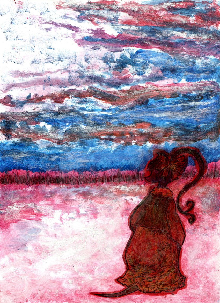 abstract_art accessory bow_ribbon clothing cloud female hair hair_accessory hair_bow hair_ribbon kneeling looking_away ponytail ribbons sky skyscape solo tail janet_k_wallace the_moomins houska humanoid absurd_res hi_res painting_(artwork) traditional_media_(artwork) watercolor_(artwork)