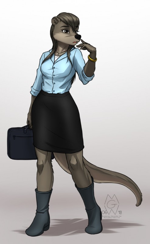 anthro black_nose boots bracelet brown_eyes brown_hair business_suit clothed clothing eyelashes female footwear hair holding_object jewelry long_hair shoes solo suit mykegreywolf nat_(mykegreywolf) mammal mustelid otter 2018 digital_media_(artwork) hi_res signature