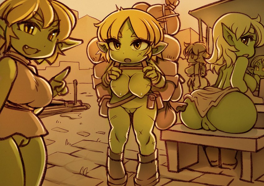 big_butt bottomless breasts butt casual_exposure clothed clothing female genitals green_body green_skin mostly_nude no_underwear public pussy short_stack yellow_eyes noise_(artist) goblin humanoid hi_res