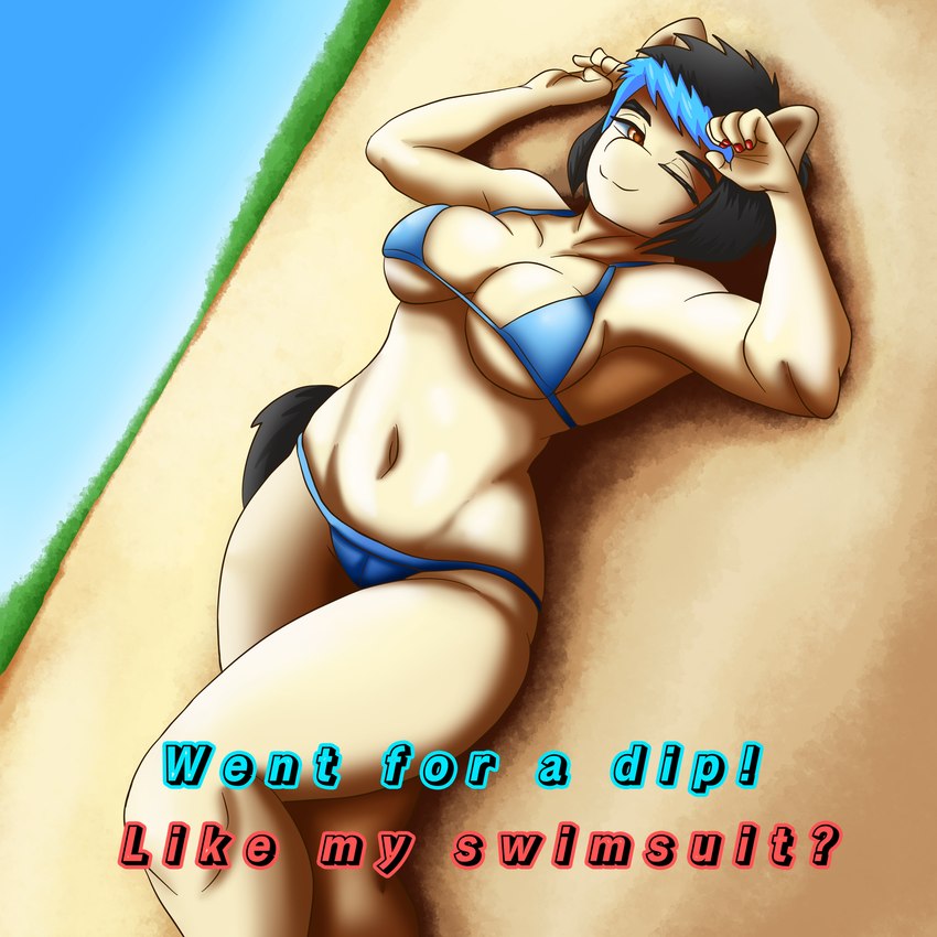 anthro beach bikini black_hair blue_hair clothing female hair red_eyes sand seaside solo swimwear text two-piece_swimsuit arisenleaf fluffy_pony sammy_(arisenleaf) fluffy_pony_(species) mammal 1:1 english_text hi_res