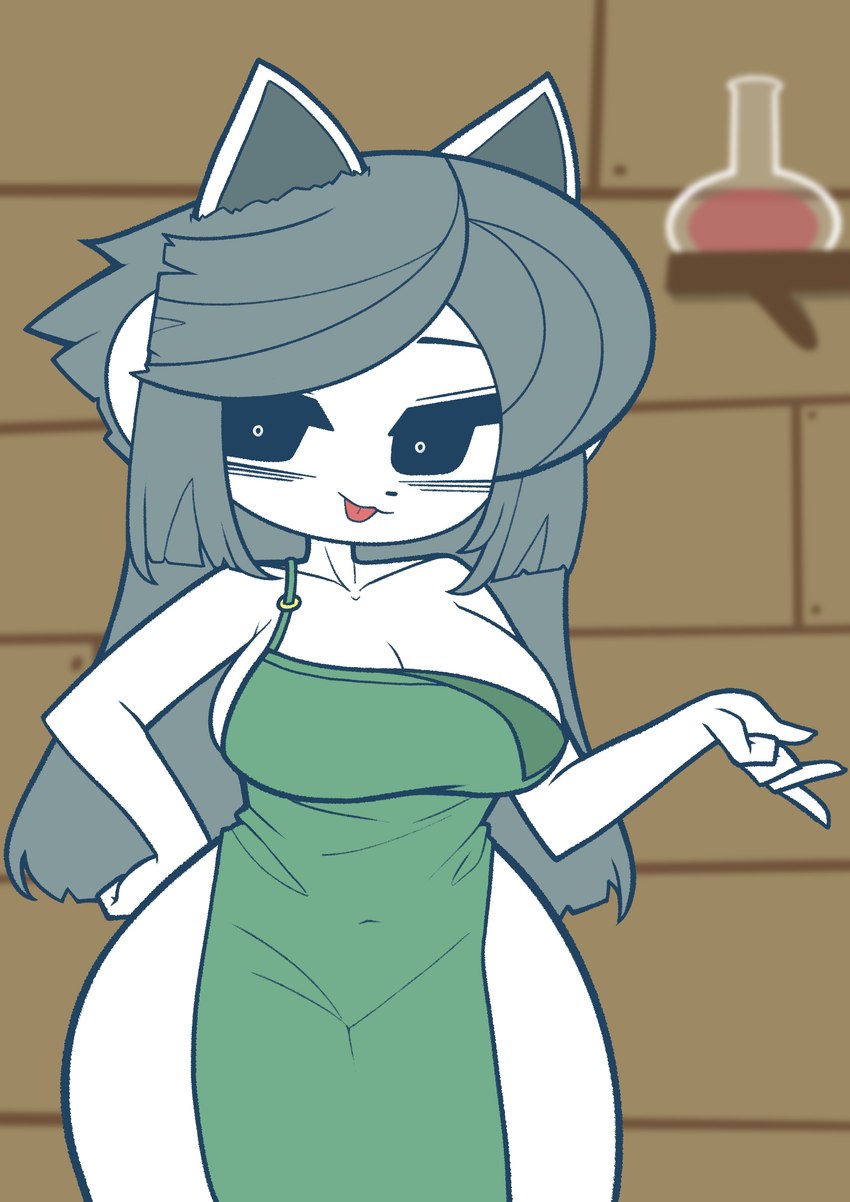 4_ears anthro apron apron_only big_breasts blep breasts cleavage clothed clothing detailed_background dress dress_only female fur green_clothing green_dress grey_hair hair hand_on_hip inside long_hair multi_ear off_shoulder solo standing tongue tongue_out white_body white_fur hss_dada undertale undertale_(series) temmie_(undertale) canid canine felid feline mammal tem 2024 absurd_res hi_res