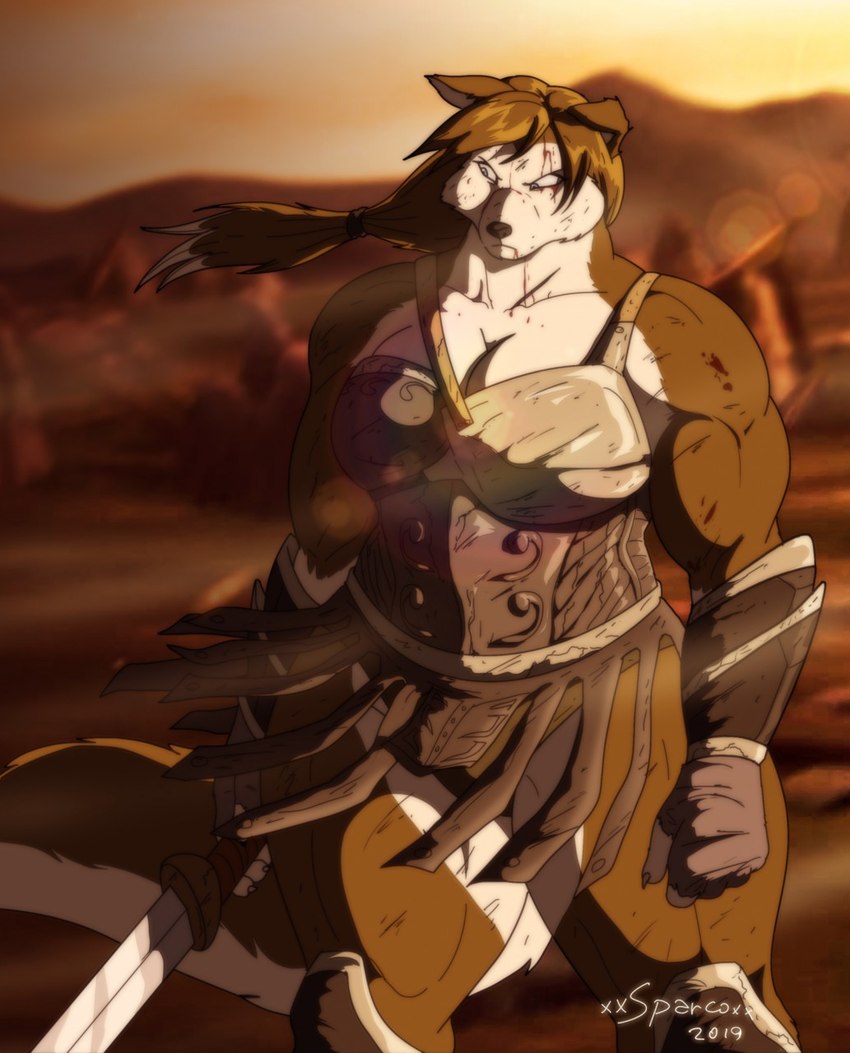 anthro armor big_breasts blue_eyes bottomwear breasts butt clothing female fur melee_weapon multicolored_body multicolored_fur muscular muscular_anthro muscular_female solo sword topwear two_tone_body two_tone_fur weapon wounded xxsparcoxx yacasta_(xxsparcoxx) canid canine canis collie domestic_dog herding_dog mammal pastoral_dog rough_collie sheepdog 2019 hi_res