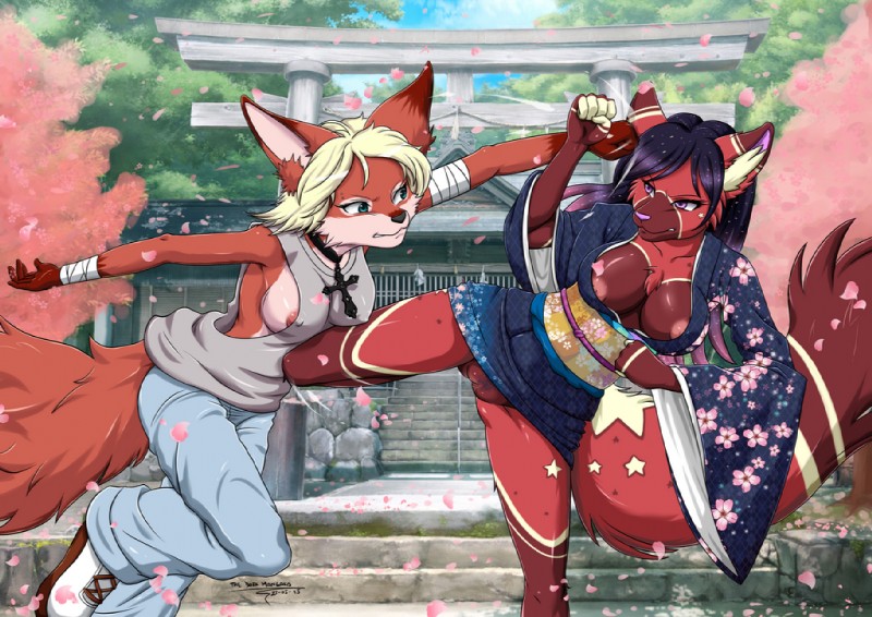 anthro asian_clothing big_breasts black_hair blonde_hair blue_eyes breasts chest_tuft choker clothed clothing cross duo east_asian_clothing exposed female fight genitals hair inner_ear_fluff japanese_clothing jewelry kimono martial_arts necklace nipple_slip nipples outside partially_clothed plant pointed_cross pubes punch purple_eyes pussy shrine spread_legs spreading tree tuft the_dark_mangaka canid canine fox mammal 2015