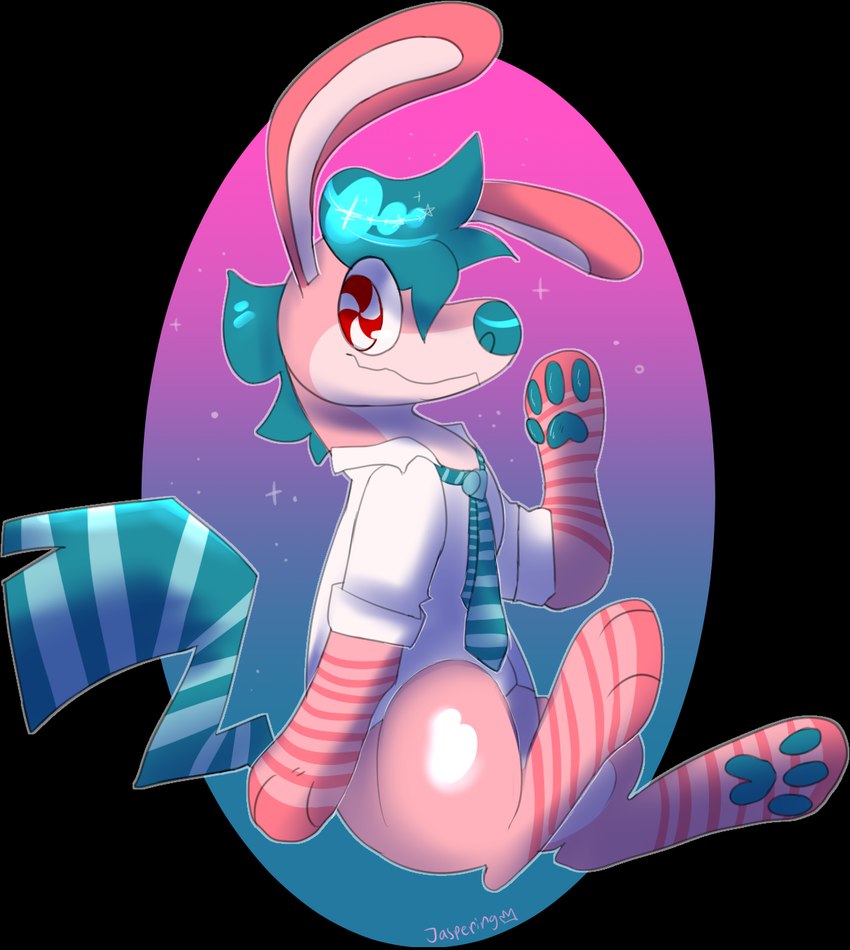 ambiguous_gender anthro bottomless clothed clothing collared_shirt digitigrade dress_shirt feet hair handpaw hindpaw long_ears looking_at_viewer necktie notched_tail pattern_necktie pawpads paws pinata pink_body semi-anthro shirt side_view sitting smile snout solo striped_necktie tail teal_hair teal_necktie teal_nose teal_pawpads teal_tail topwear unusual_eyes white_clothing white_shirt white_topwear jaspering animate_inanimate living_pinata 2019 alpha_channel digital_drawing_(artwork) digital_media_(artwork) hi_res shaded signature soft_shading