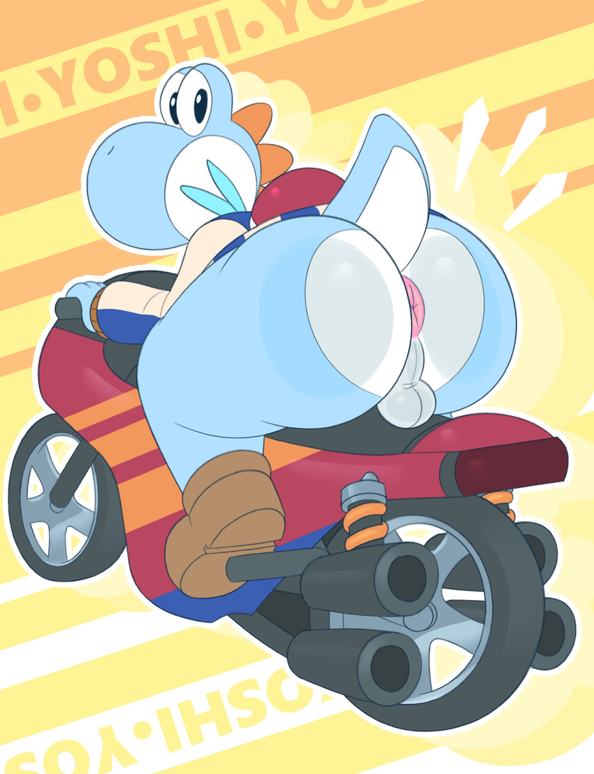 afterimage anthro anus backsack balls bottomless bottomless_anthro bottomless_male butt clothed clothing footwear genitals jacket looking_at_viewer looking_back looking_back_at_viewer male outline rear_view shell shoes solo tail text topwear vehicle white_outline gemsum mario_bros mythology nintendo dinosaur dragon mythological_creature mythological_scalie prehistoric_species reptile scalie white_yoshi yoshi 2025 hi_res