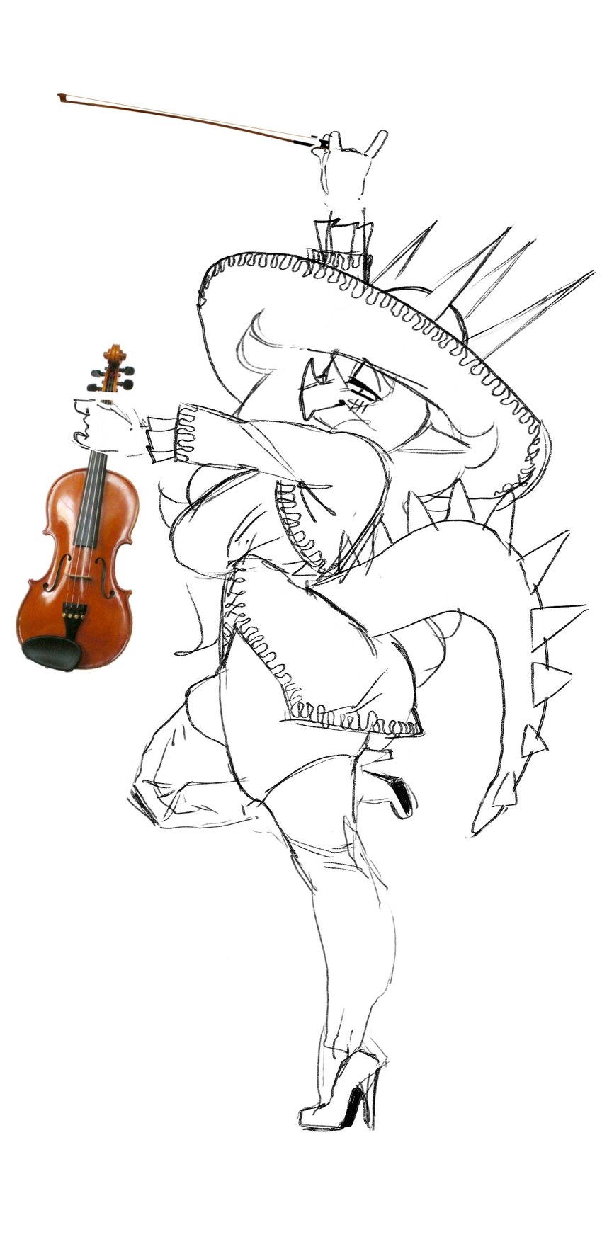 anthro bowed_string_instrument clothing facial_horn female footwear hair hat headgear headwear high_heels horn long_hair looking_at_viewer mariachi mariachi_suit musical_instrument shoes simple_background solo spiked_tail spikes spikes_(anatomy) standing string_instrument tail thick_thighs violin white_background doggonotebook cavemanon_studios goodbye_volcano_high snoot_game rosa_(gvh) dinosaur prehistoric_species reptile scalie absurd_res hi_res monochrome sketch unfinished