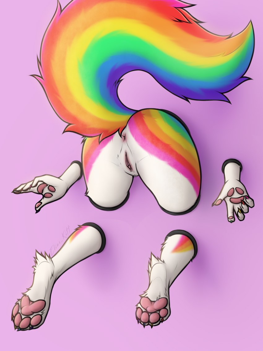 anthro anus bdsm bondage bound butt female fluffy fluffy_feet fluffy_tail forced forced_exposure fur genitals multicolored_body multicolored_tail nails pawpads paws pink_background public_use pussy questionable_consent rainbow_body rainbow_tail simple_background solo stuck tail through_wall white_body white_fur elias_kiff laizze felid feline mammal 3:4 hi_res