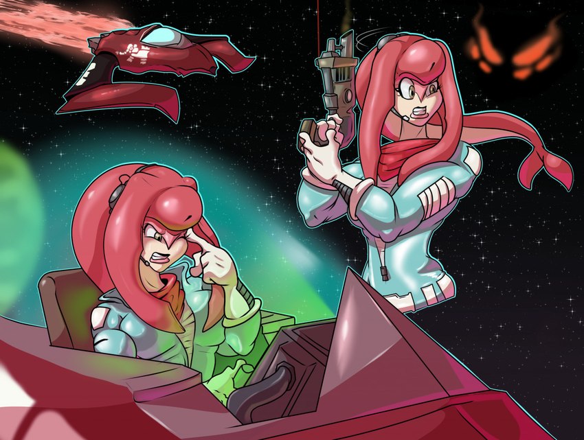 anthro clothed clothing cockpit female finger_on_face glowing glowing_eyes holding_object holding_weapon laser_pointer one_eye_closed orbit planet scarf smoke solo space spacecraft spacesuit star vehicle weapon wide_eyed shinysteel breath_of_the_wild nintendo the_legend_of_zelda mipha marine zora 2021 multiple_images