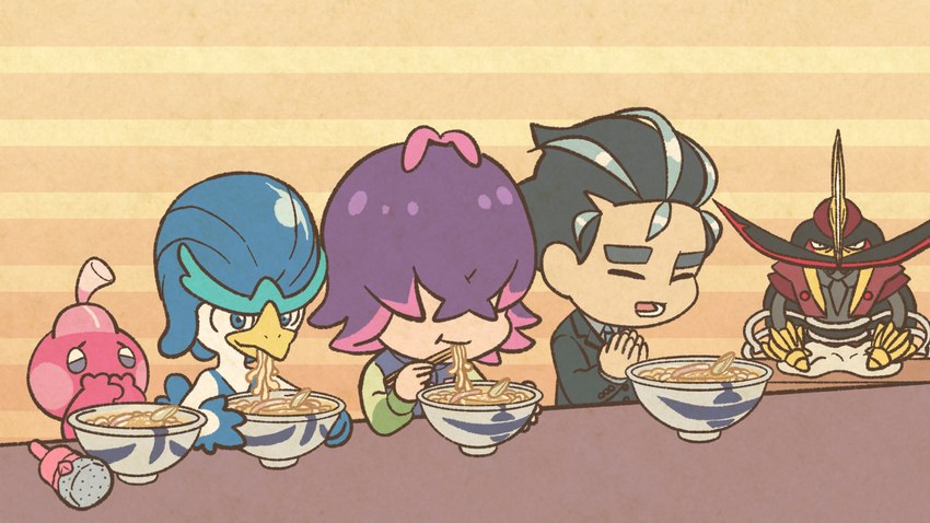 ambiguous_gender anthro chopsticks clothed clothing eating female food group male noodles ramen mojacookie nintendo pokemon dot_(pokemon) larry_(pokemon) generation_9_pokemon humanoid kingambit pokemon_(species) quaxwell tinkatink 16:9 hi_res official_art widescreen