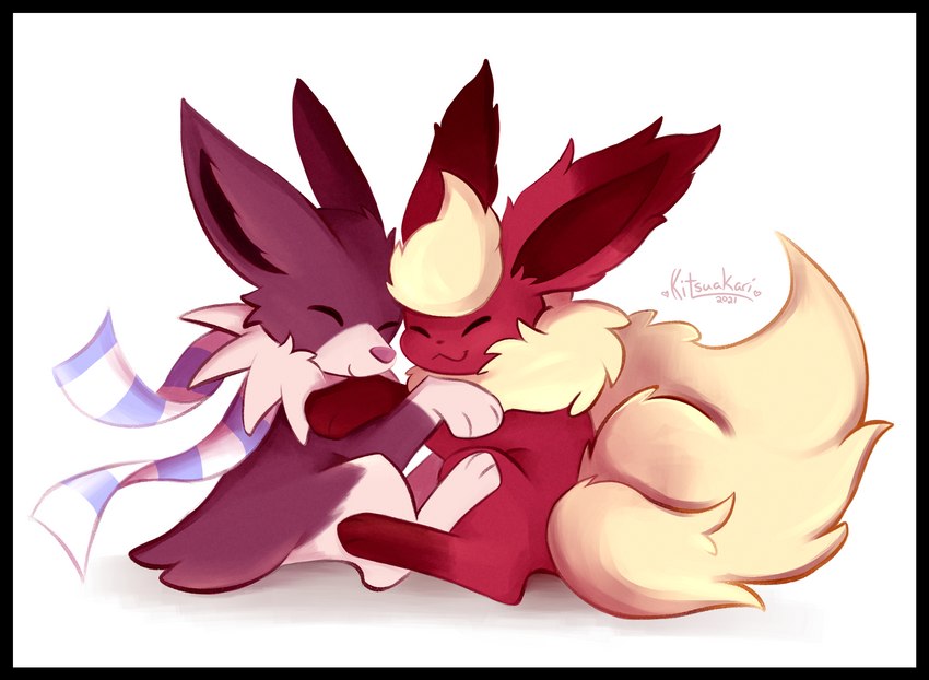 black_border border cuddling duo female feral fluffy fluffy_tail inner_ear_fluff male male/female scarf tail tuft kitsuakari nintendo pokemon pinsel_rhead sparky_(gondrag) eeveelution flareon generation_1_pokemon jolteon pokemon_(species) hi_res