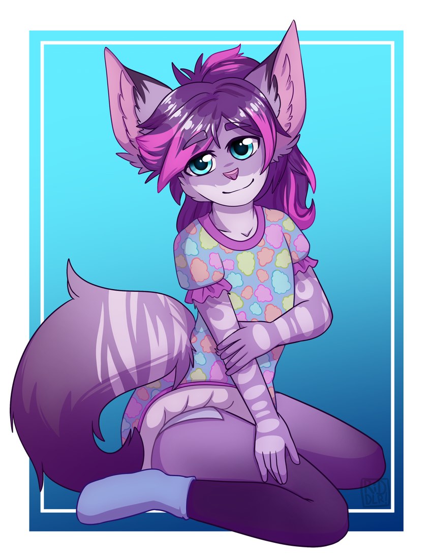 abdl ageplay anthro big_ear blue_eyes cheek_tuft clothed clothing diaper diaper_under_clothing facial_tuft female fur hair infantilism kneeling mouth_closed multicolored_hair pink_hair purple_body purple_fur purple_hair roleplay solo tuft two_tone_hair wearing_diaper riddlr hi_res