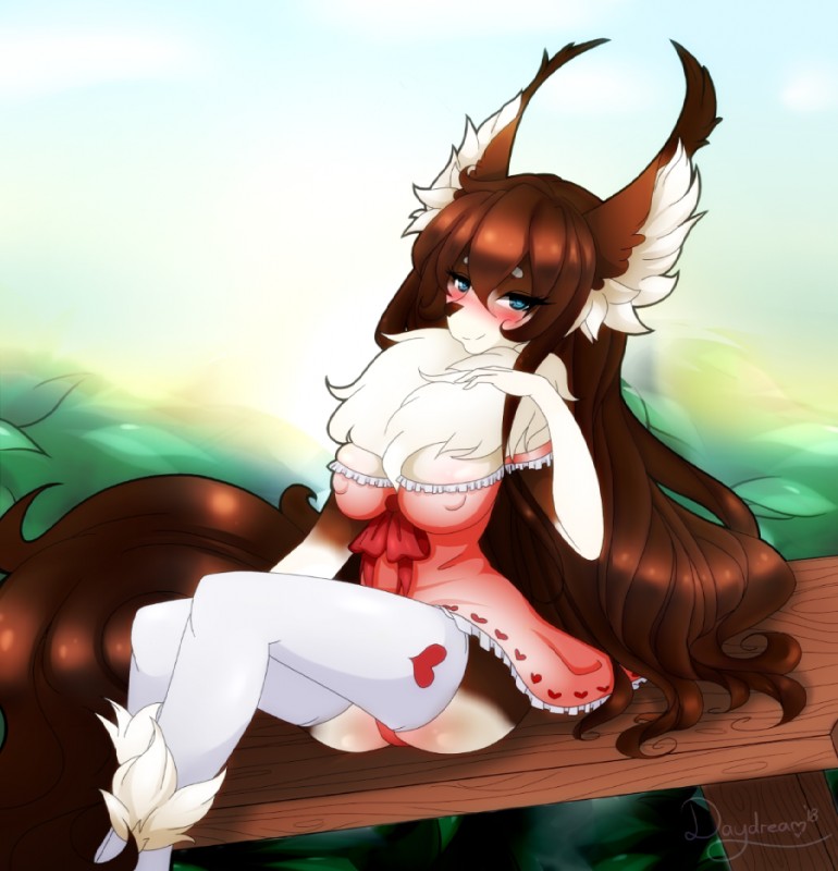 anthro bench blue_eyes blush bow_clothing breasts brown_hair clothing female footwear hair heart_symbol inner_ear_fluff leaf legwear looking_at_viewer mane nipple_outline on_bench panties smile socks solo thigh_highs tuft underwear hazelkisses hazelnut_yui_(hazelkisses) canid canine canis domestic_dog herding_dog mammal pastoral_dog sheepdog shetland_sheepdog 2018