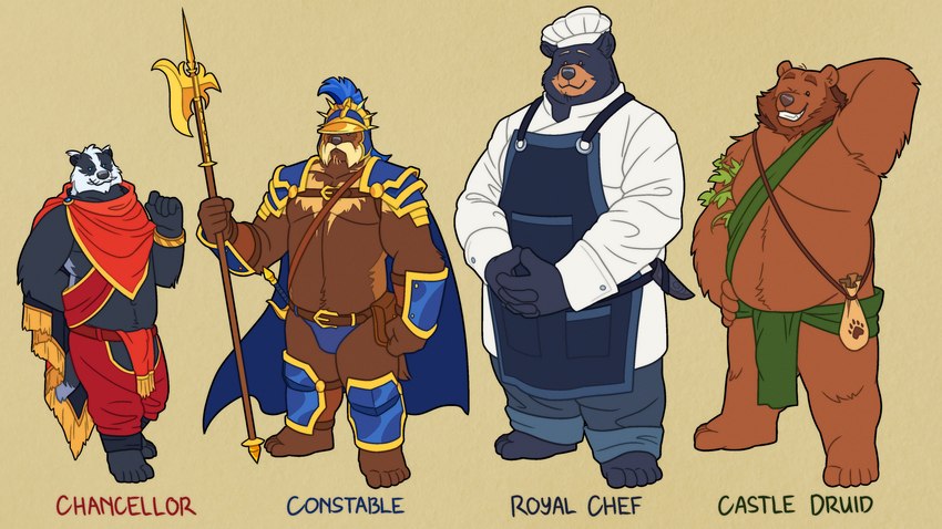 anthro apron armor armpit_tuft barefoot beard belly belly_overhang belt belt_pouch black_body black_fur blue_armor blue_cape blue_clothing blue_eyes blue_underwear bottomwear bracelet briefs brown_beard brown_body brown_eyes brown_facial_hair brown_fur bulge cape cheek_tuft chef chef_hat chef_uniform chest_markings cloak closed_smile clothed clothing countershade_torso countershading crotchless_bottomwear crotchless_clothing crotchless_pants druid ear_tuft eyebrows facial_hair facial_markings facial_tuft feet fringe_trim fur galea gold_trim green_eyes grey_bottomwear grey_clothing grey_pants group halberd hand_behind_back hand_behind_head hand_on_head hand_on_hip hands_together harness hat head_markings headgear headwear helmet holding_object holding_weapon humanoid_feet humanoid_hands inner_ear_fluff interlocked_fingers jacket jewelry knife knife_sheath laminar_armor leaf lineup loincloth long_sleeves magic_user male markings melee_weapon moobs mouth_closed mustache mutton_chops one_eye_closed open_mouth open_smile overweight overweight_male pants pecs plant plantigrade plate_armor pockets polearm pouch_(clothing) red_clothing sash schynbalds sheathed_knife sheathed_weapon short_tail sideburns simple_background size_difference skimpy smile spaulder standing stocky straps sword tail tan_background tan_body tan_fur tassels text topless topwear tribal_spellcaster tuft unconvincing_armor underwear vambrace vines weapon white_body white_clothing white_fur quasarbearcat american_black_bear badger bear black_bear brown_bear european_badger gulonine mammal meles mustelid musteline ursine wolverine 16:9 absurd_res english_text hi_res widescreen