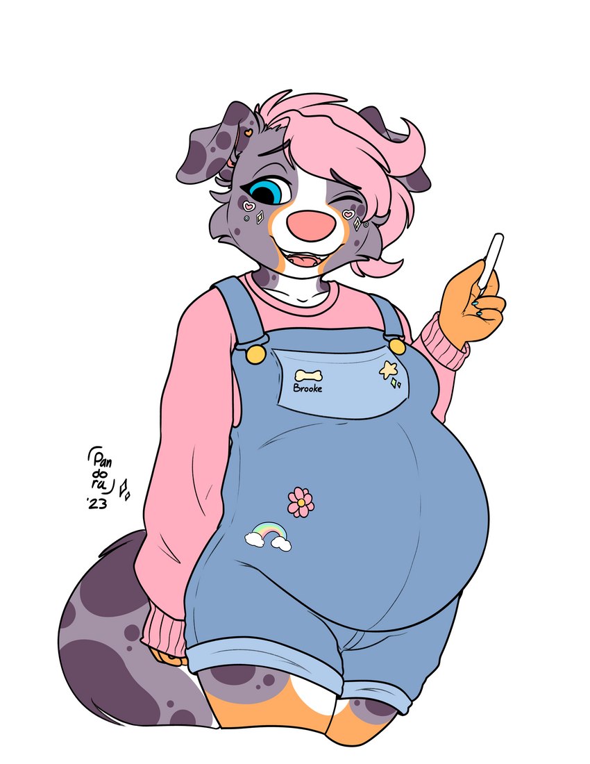 anthro breasts chalk clothing female hair holding_object one_eye_closed overalls pink_clothing pink_hair pink_sweater pink_topwear pregnant pregnant_anthro pregnant_female shortalls solo stickers_on_body sweater teacher thick_thighs topwear wink sleepycause pandora_(sleepycause) australian_shepherd canid canine canis domestic_dog herding_dog mammal pastoral_dog sheepdog absurd_res hi_res