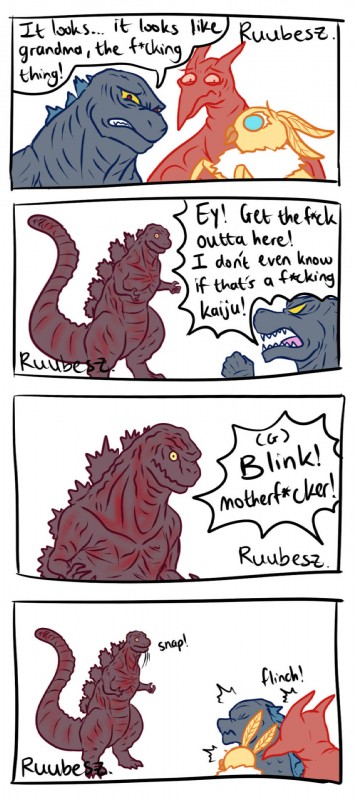 ambiguous_gender barefoot close-up dialogue ellipsis exclamation_point fangs feet female feral horn humor looking_at_viewer male open_mouth parody scared sharp_teeth teeth text tongue wings ruubeszdraws godzilla_(series) monsterverse mothra_(series) toho doughegoji godzilla mothra rodan_(toho) shin_godzilla arthropod insect kaiju lepidopteran monster moth prehistoric_species pteranodon pteranodontid pterosaur reptile scalie comic english_text hi_res meme