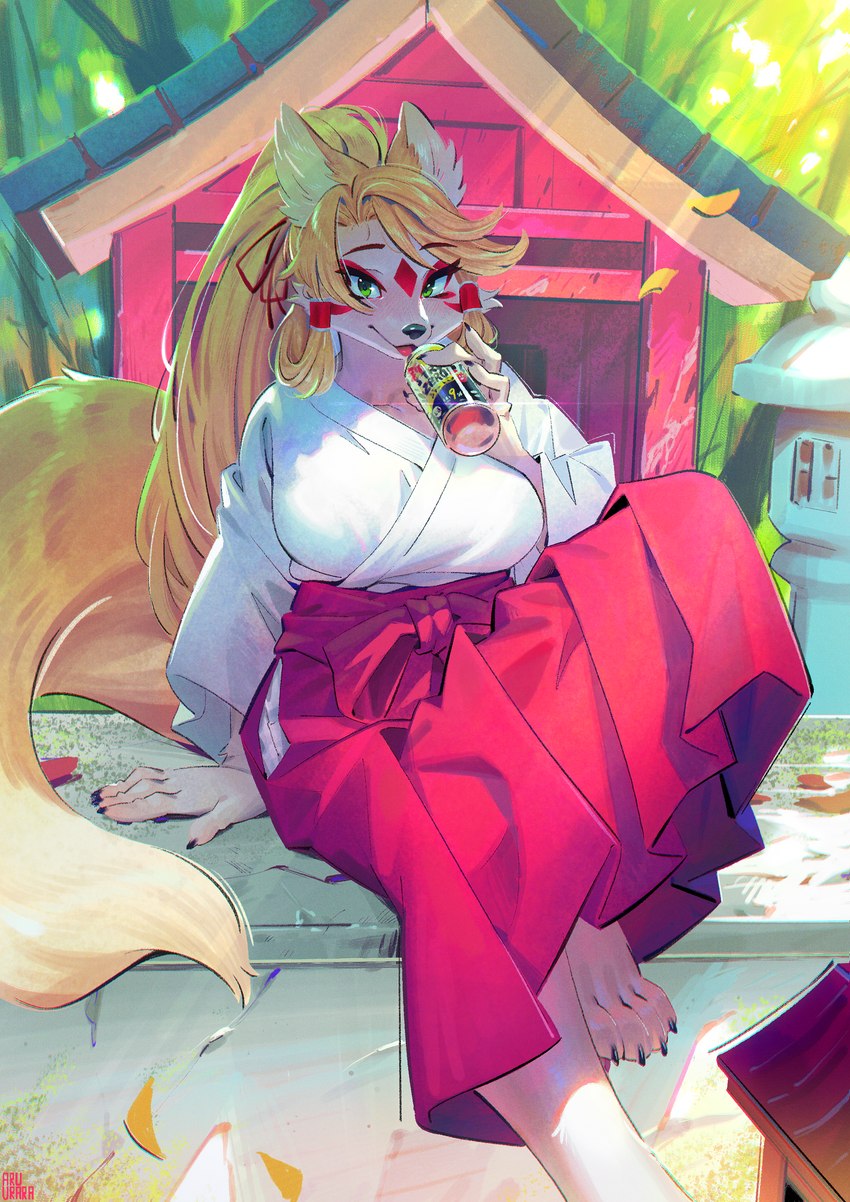 4_fingers 4_toes alcohol anthro asian_clothing barefoot beverage beverage_can black_nose blonde_hair blush bottomwear can claws clothed clothing container day drinking east_asian_clothing facial_markings feet female female_anthro finger_claws fingers fur green_eyes hair hakama head_markings hokora holding_object japanese_clothing kemono long_hair looking_at_viewer markings miko_outfit outside paws shrine shrine_maiden sitting solo tail toe_claws toes tongue white_body white_fur yellow_body yellow_fur aruurara strong_zero mizuki_(aruurara) canid canine fox mammal 2021 absurd_res digital_media_(artwork) hi_res translated_description