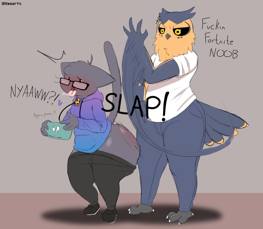 angry anthro beak bell bell_collar big_butt black_bottomwear black_clothing black_eyewear black_footwear black_glasses black_leggings black_legwear black_sclera black_shoes blue_clothing blue_hoodie blue_topwear blush bodily_fluids bottomwear butt butt_slap claws clothed clothing collar duo ear_piercing eyewear feathered_tail feathers footwear fur glasses green_eyes grey_beak grey_body grey_bottomwear grey_claws grey_clothing grey_feathers grey_fur grey_hair grey_pants grey_tail grey_tail_feathers hair heart_after_text heart_symbol holding_nintendo_switch holding_object hoodie leggings leggings_down legwear male male/male motion_lines multicolored_body multicolored_clothing multicolored_feathers multicolored_hoodie multicolored_topwear onomatopoeia orange_body orange_feathers orange_tail orange_tail_feathers pants piercing purple_clothing purple_collar purple_hoodie purple_topwear reddened_butt romantic romantic_couple saliva shirt shoes slap sound_effects standing t-shirt tail tail_feathers teapot_(body_type) text thick_thighs tongue tongue_out topwear two_tone_body two_tone_feathers two_tone_tail two_tone_tail_feathers white_claws white_clothing white_shirt white_t-shirt white_toe_claws white_topwear yellow_eyes axoarts nintendo nintendo_switch axo_(axoarts) murex_(pastelitikiwi) avian bird domestic_cat felid feline felis mammal owl 2024 digital_media_(artwork) english_text hi_res