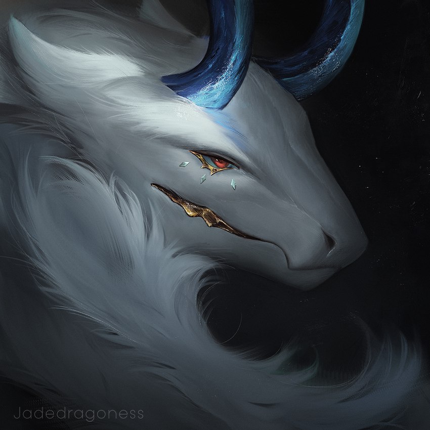 ambiguous_gender blue_horn feral fur horn jewelry red_eyes simple_background solo text white_body white_fur jadedragoness mythology dragon furred_dragon furred_scalie mythological_creature mythological_scalie scalie 1:1 artist_name headshot_portrait portrait