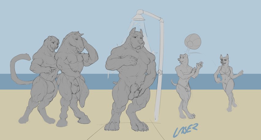 anthro ball balls bathing beach beach_ball bulge clothed clothing detailed_bulge digitigrade female genitals group horde ineffective_clothing inflatable male motion_lines mouth_closed muscular muscular_male nipples nude outside pecs penis penis_tip showering standing topless water laser_(artist) canid mammal hi_res partially_colored signature sketch