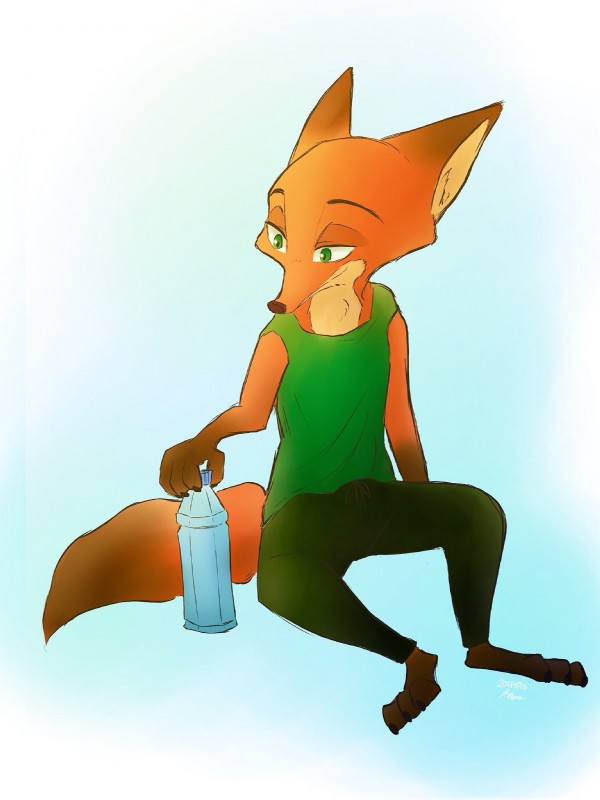 anthro barefoot biped bottle bottomwear clothed clothing container dipstick_ears ear_markings feet fully_clothed fur gloves_(marking) green_eyes inner_ear_fluff markings multicolored_ears neck_tuft orange_body orange_fur pants shirt simple_background sitting solo tank_top topwear tuft water_bottle marema_kishin disney zootopia nick_wilde canid canine fox mammal red_fox true_fox 2018 3:4 digital_media_(artwork) hi_res