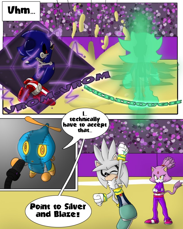 anthro breasts clothed clothing dialogue female fur gloves grey_body grey_fur group handwear male midriff navel purple_body purple_fur simple_background sport text volleyball volleyball_court yellow_eyes sandunky sega sonic_the_hedgehog_(series) blaze_the_cat metal_sonic omochao shadow_the_hedgehog silver_the_hedgehog domestic_cat eulipotyphlan felid feline felis hedgehog mammal 4:5 absurd_res comic english_text hi_res