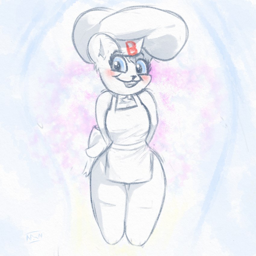 anthro apron biped blue_eyes blush clothing female hands_behind_back hat headgear headwear looking_at_viewer round_ears smile solo white_body white_clothing moon-watcher bimbo_(bakery) bimbo_bear bear mammal 1:1 absurd_res digital_drawing_(artwork) digital_media_(artwork) hi_res light_theme portrait three-quarter_portrait