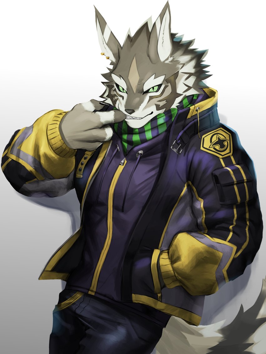 anthro clothed clothing countershading fur green_eyes male piercing solo tokuni lifewonders tokyo_afterschool_summoners seth_(tas) canid canine canis jackal mammal 3:4 absurd_res hi_res