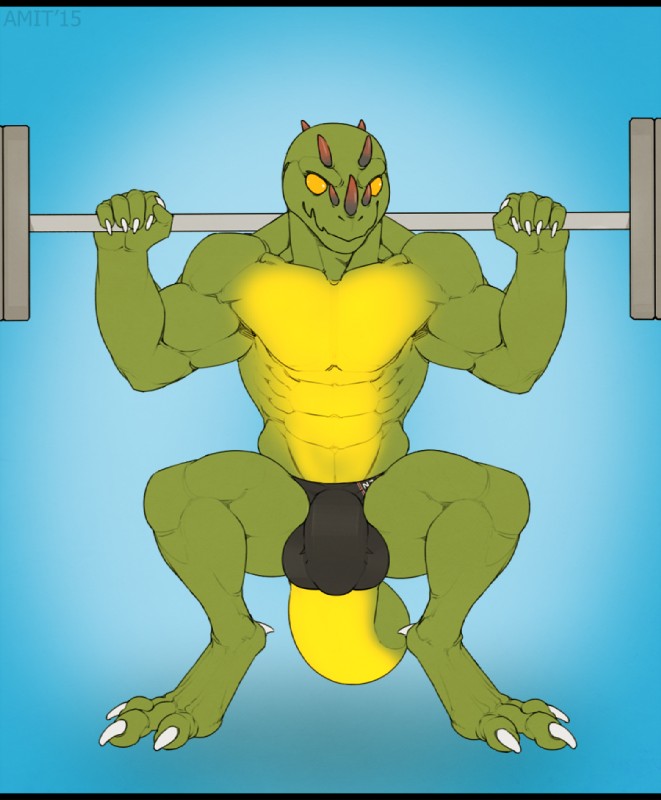 3_toes 5_fingers abs anthro balls balls_outline barbell big_bulge big_muscles blue_background bulge claws clothed clothing countershading crouching detailed_bulge digitigrade empty_eyes exercise feet fingers genital_outline genitals gradient_background green_body heel_claw holding_object horn male muscular muscular_anthro muscular_male non-mammal_balls penis_outline simple_background solo speedo squats swimwear toes topless weightlifting workout yellow_body yellow_eyes amit bioware electronic_arts mass_effect n7 askir lizard reptile scalie 2015