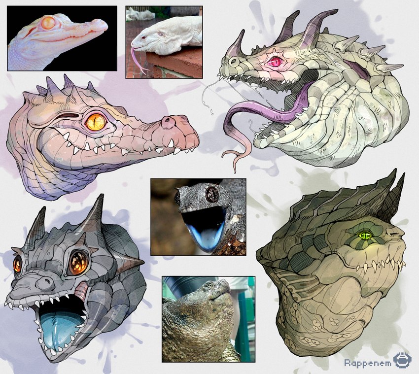 albino ambiguous_gender feral forked_tongue green_eyes horn open_mouth pupils scales sharp_teeth simulated_traditional_(artwork) slit_pupils teeth tongue tongue_out white_body white_scales rappenem mythology alligator alligatorid blue-tongued_skink crocodilian dragon lizard mythological_creature mythological_scalie reptile scalie skink digital_drawing_(artwork) digital_media_(artwork) hi_res