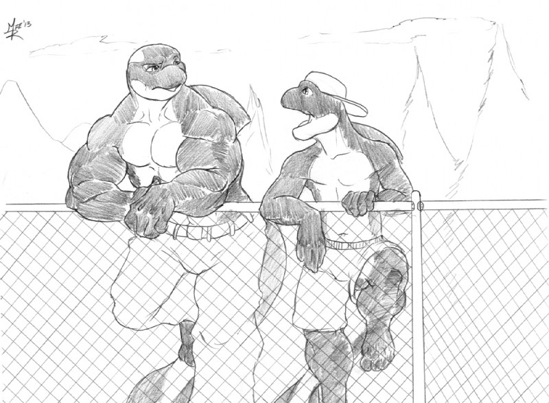 against_fence against_surface anthro backwards_baseball_cap backwards_hat barefoot baseball_cap biceps big_muscles biped bottomwear clothed clothing cloud dorsal_fin duo eye_contact feet fence fin front_view hat headgear headwear huge_muscles looking_at_another male muscular muscular_male navel open_mouth outside pants pecs plant shorts topless tree modem_redpill mark_(stripes) xavier_(stripes) cetacean dolphin mammal marine oceanic_dolphin orca toothed_whale 2013 black_and_white graphite_(artwork) monochrome signature traditional_media_(artwork) brother_(lore) brothers_(lore) sibling_(lore)