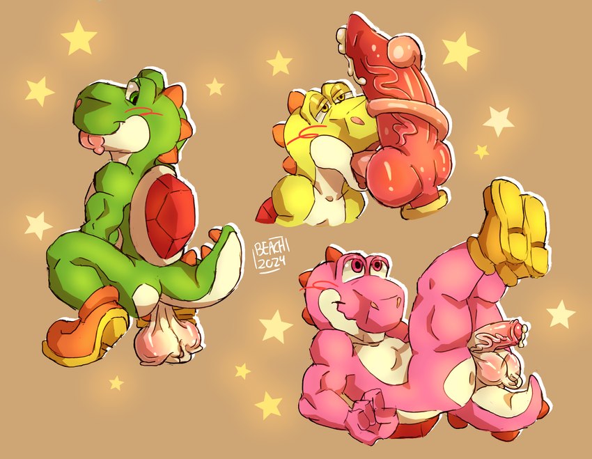 anthro balls bodily_fluids genitals group knot knotted_penis long_tongue male male/male oral penis saggy_balls slim tongue beachedboy mario_bros nintendo bowser dinosaur green_yoshi pink_yoshi prehistoric_species reptile scalie yellow_yoshi yoshi hi_res