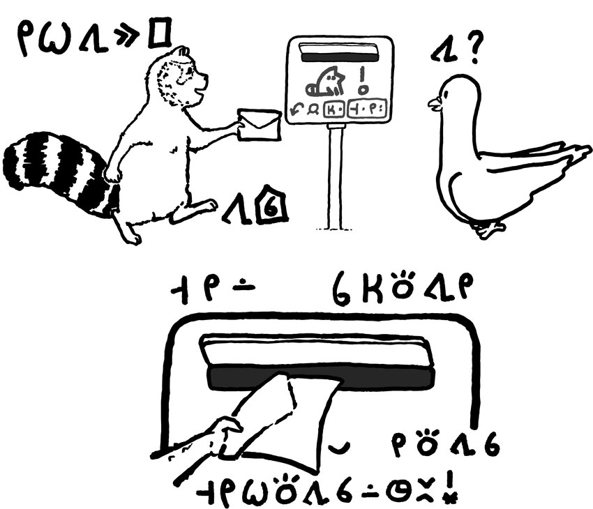 2_panel_comic ambiguous_gender anthro dialogue duo eye_contact feral humor letter looking_at_another mailbox semi-anthro simple_background text jan_ke_tami cc-by creative_commons kijetesantakalu_o lipu_tenpo kijetesantakalu_(kijetesantakalu_o) waso_(kijetesantakalu_o) avian bird columbid mammal pigeon procyonid raccoon absurd_res comic constructed_language hi_res monochrome sitelen_pona toki_pona_text translated