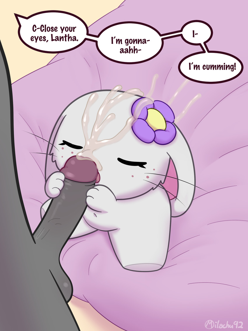 accessory announcing_orgasm anthro balls bed bedroom bodily_fluids cum cum_on_face dialogue duo eyes_closed fellatio female flower flower_in_hair furniture genital_fluids genitals hair hair_accessory hand_on_penis instruction larger_male male male/female nude nude_anthro nude_female nude_male on_bed oral penile penis plant sex shortstack sitting size_difference smaller_female speech_bubble standing text tongue milachu92 buttons_(milachu92) lantha domestic_cat felid feline felis lagomorph leporid mammal rabbit 3:4 absurd_res english_text hi_res