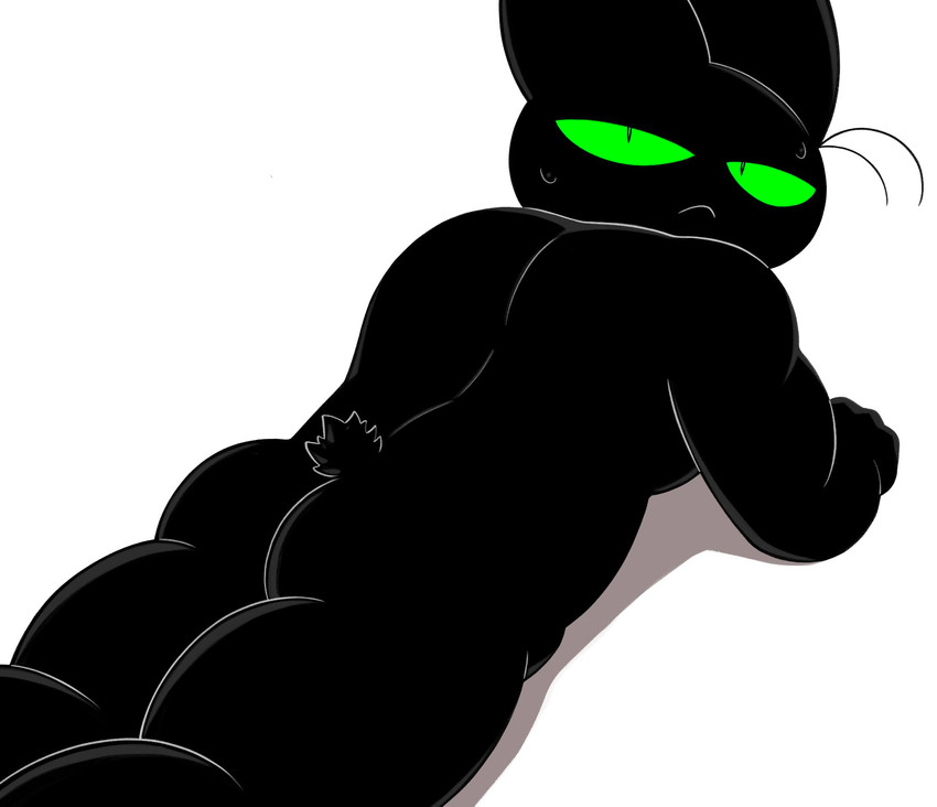 anthro black_body black_fur bodily_fluids butt fur green_eyes looking_back lying male nude on_front short_tail solo sweat tail nemhippie cartoon_network mao_mao:_heroes_of_pure_heart sheriff_mao_mao_mao domestic_cat felid feline felis mammal hi_res