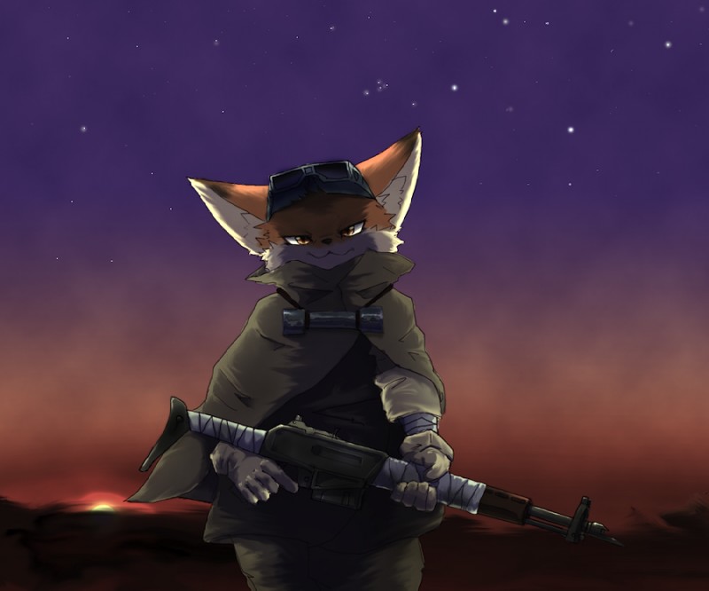 anthro desert eyewear goggles gun looking_at_viewer male outside ranged_weapon sky solo star sunset weapon rag._(artist) canid canine fox mammal 6:5