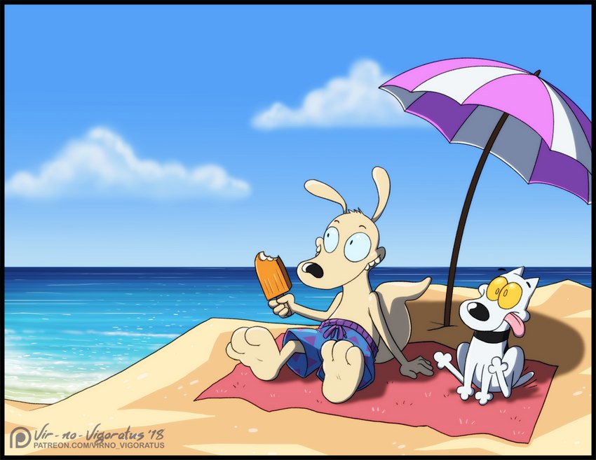 3_toes anthro beach beach_blanket beach_umbrella blue_sky cloud collar duo feet food ice_cream_bar male parasol popsicle seaside shadow sitting sky summer text toes tongue tongue_out umbrella water yellow_sclera vir-no-vigoratus nickelodeon rocko's_modern_life rocko_rama spunky_(rocko's_modern_life) canid canine canis domestic_dog macropod mammal marsupial wallaby url