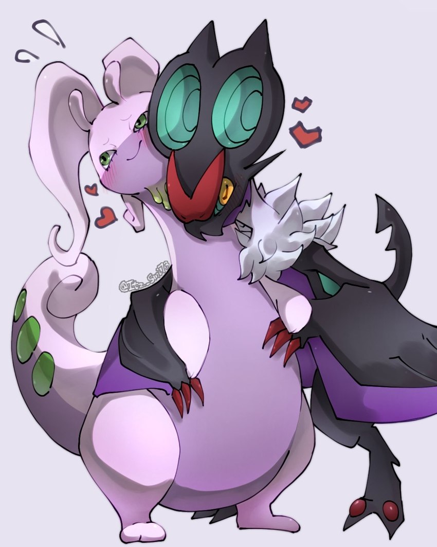 ambiguous_gender anthro biped black_body blush duo eyes_closed fur green_body heart_symbol hug purple_body simple_background smile white_body white_fur itz_smi73 nintendo pokemon generation_6_pokemon goodra noivern pokemon_(species) 4:5 hi_res