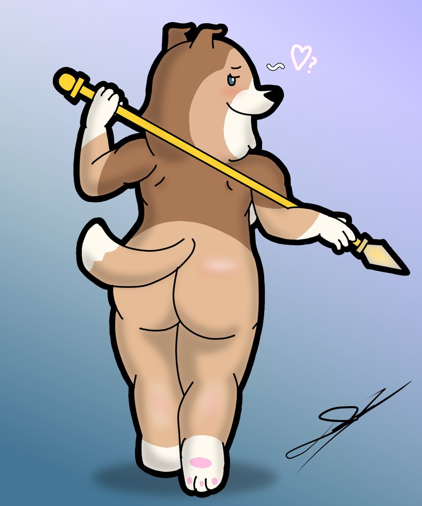 anthro blush brown_body brown_fur butt female fur heart_symbol holding_object holding_weapon looking_back melee_weapon multicolored_body nude polearm solo spear weapon white_body white_fur d13w0tt_(artist) dogs_in_space netflix stella_(dogs_in_space) canid canine canis collie domestic_dog herding_dog mammal pastoral_dog rough_collie sheepdog 5:6 hi_res