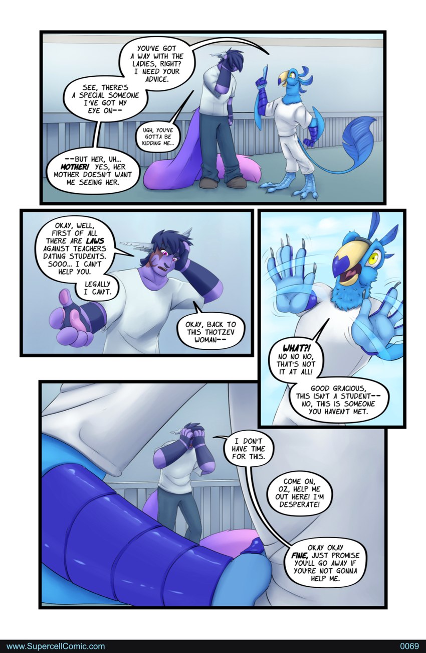 5_fingers anthro biped blue_body bottomwear clothed clothing dialogue dialogue_box duo fingers hair male open_mouth pants purple_body purple_hair shirt speech_bubble text topwear bmbrice supercell_(comic) oz_(supercell) tazho_zhaze avian bird humanoid zeikauko colored comic english_text hi_res