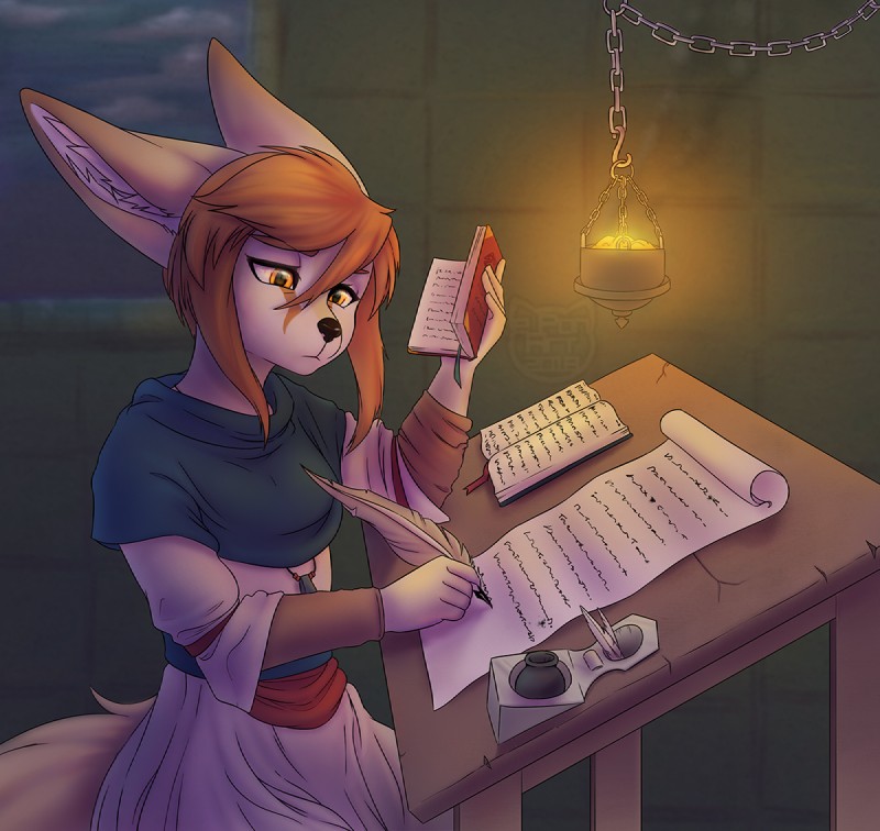 anthro book bookmark clothed clothing cloud desk detailed_background embers female fully_clothed furniture ink inkwell light loose_feather night orange_eyes quill scroll solo table writing_text e-pon canid canine fennec_fox fox mammal true_fox