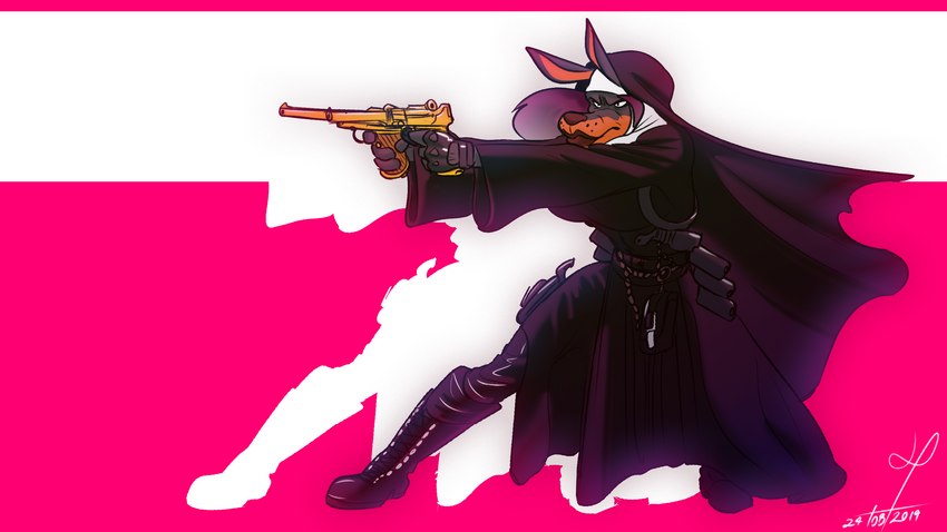 anthro clothed clothing female gloves handwear lips nun pose simple_background solo tactical_gear thick_lips weapon thewilldpink elizabeth_konig canid canine canis dobermann domestic_dog mammal pinscher 2019 digital_media_(artwork) hi_res widescreen