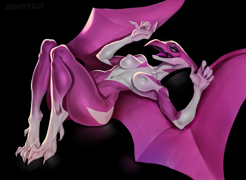 anthro areola breasts female green_eyes looking_at_viewer membrane_(anatomy) membranous_wings multicolored_body navel nipples non-mammal_breasts non-mammal_nipples nude open_mouth open_smile purple_body simple_background smile solo two_tone_body white_body wide_hips wings johnfoxart mighty_morphin_power_rangers power_rangers kimberly_ann_hart pink_ranger dinosaur prehistoric_species pterodactylus pterosaur reptile scalie theropod 2023