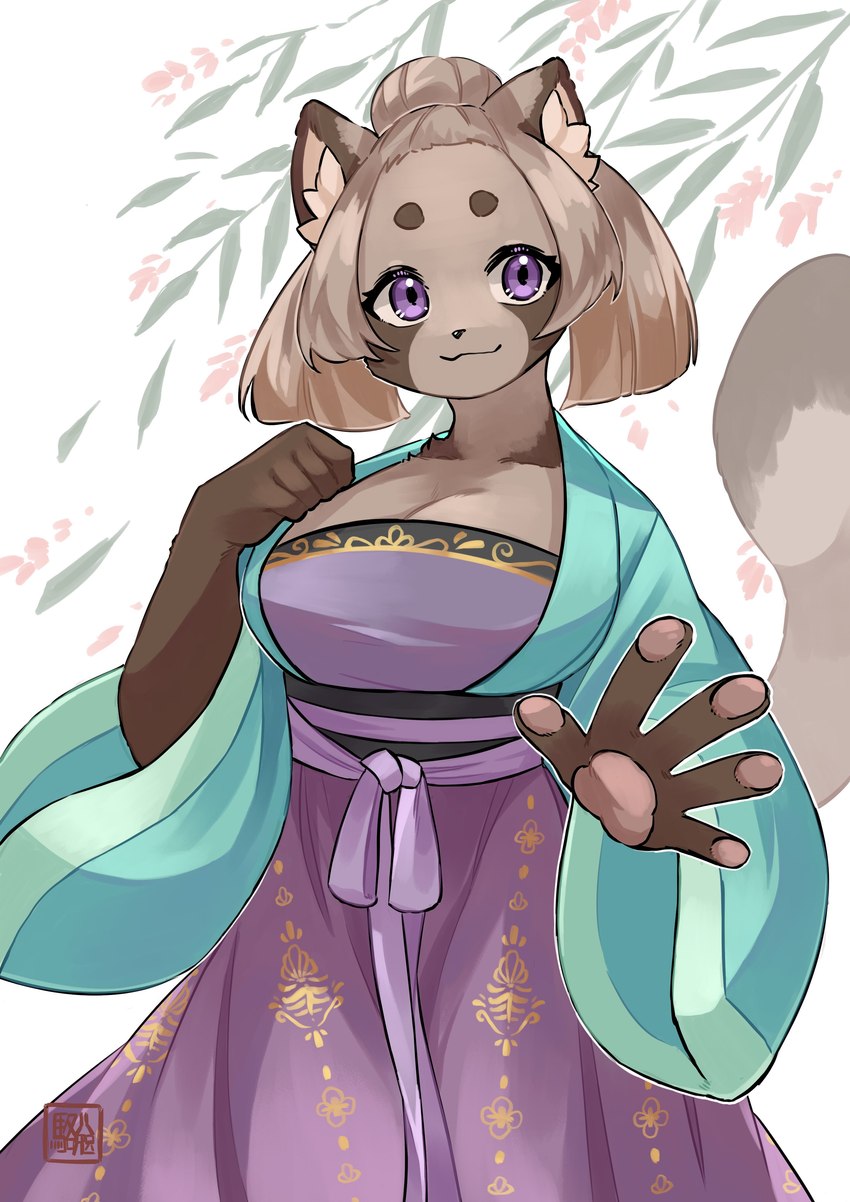 5_fingers anthro asian_clothing breasts chinese_clothing clothed clothing east_asian_clothing female fingers fur hair hanfu kemono looking_at_viewer purple_eyes smile kawarage_yatano canid canine mammal raccoon_dog 2022 absurd_res digital_media_(artwork) hi_res